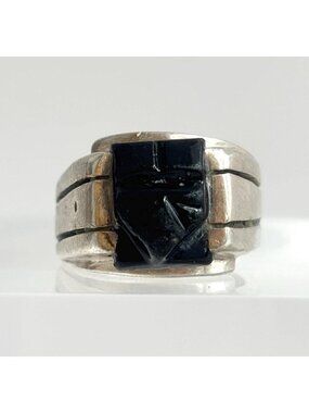 Mexican Made Black Onyx Mask Carved Sterling Silver 925 Vintage Ring - sz 7